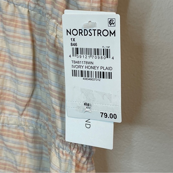 Treasure & Bond Plaid Shirred Cotton Blend Dress Ivory Honey Plaid 1X - Picture 8 of 8